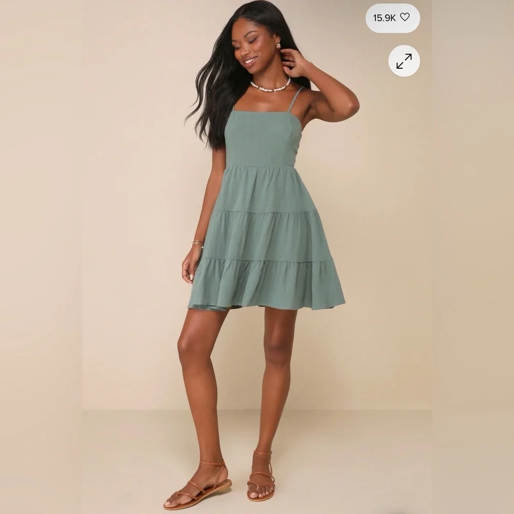 Lulu's Sage Green Cutout Tiered Mini Dress “Make a Day Out of It” - Picture 3 of 7